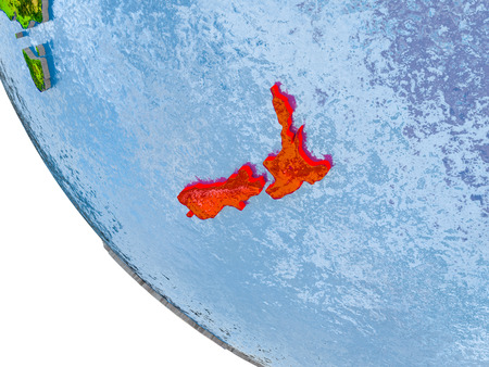 Map of New Zealand in red on globe with real planet surface, embossed countries with visible country borders and water in the oceans. 3D illustration.の写真素材