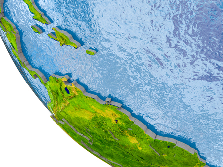 Map of Caribbean in red on globe with real planet surface, embossed countries with visible country borders and water in the oceans. 3D illustration.の写真素材