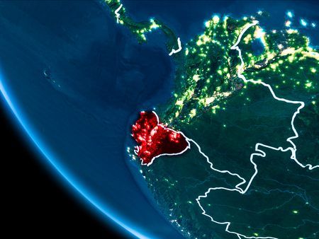 Map of Ecuador in red as seen from space on planet Earth at night with white borderlines and city lights. 3D illustration.の写真素材