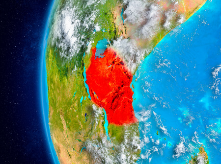 Map of Tanzania as seen from space on planet Earth with clouds and atmosphere. 3D illustration.の写真素材