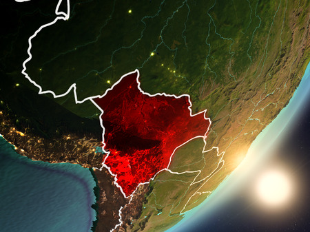 Bolivia from space with highly detailed surface textures and visible country borders. 3D illustration.の写真素材