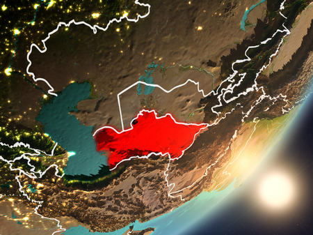 Turkmenistan from space with highly detailed surface textures and visible country borders. 3D illustration.の写真素材