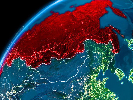 Russia highlighted in red from Earthâs orbit at night with visible country borders. 3D illustration.の写真素材
