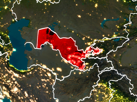 Uzbekistan highlighted in red from Earthâs orbit at night with visible country borders. 3D illustration.の写真素材