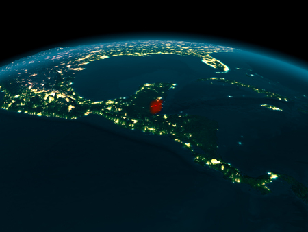 Country of Belize in red on planet Earth at night. 3D illustration.の写真素材
