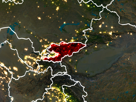 Kyrgyzstan highlighted in red from Earthâs orbit at night with visible country borders. 3D illustration.の写真素材