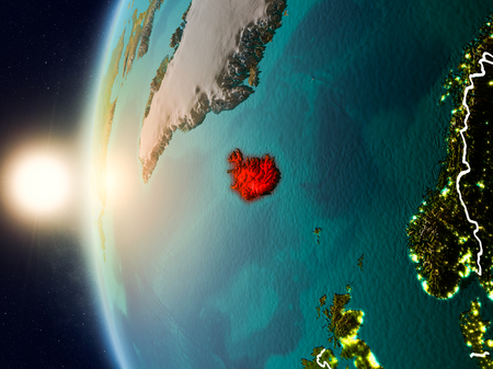 Illustration of Iceland as seen from Earthâs orbit during sunset with visible country borders. 3D illustration.の写真素材