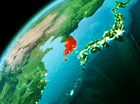 Evening over South Korea as seen from space on planet Earth. 3D illustration.の写真素材