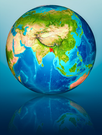 Bangladesh in red on model of planet Earth on reflective blue surface. 3D illustration.の写真素材