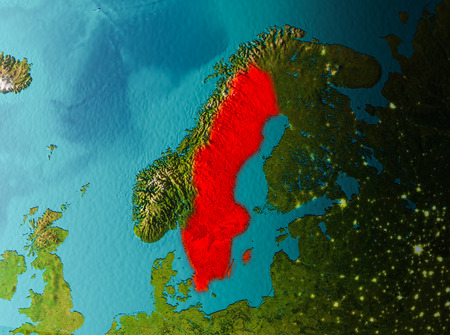 Sweden in early morning light highlighted in red on planet Earth. 3D illustration.の写真素材