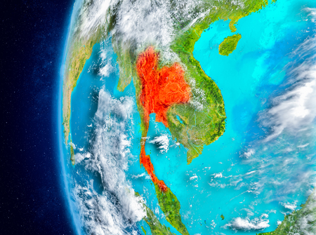 Map of Thailand as seen from space on planet Earth with clouds and atmosphere. 3D illustration.の写真素材