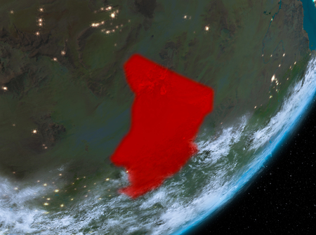 Chad from orbit of planet Earth at night with highly detailed surface textures and clouds. 3D illustration.の写真素材