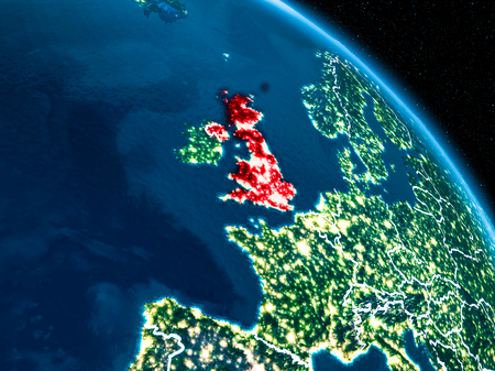 Satellite view of United Kingdom highlighted in red on planet Earth at night with borderlines and city lights. 3D illustration.の写真素材