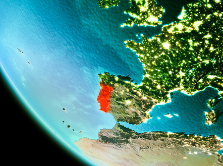 Country of Portugal in red on planet Earth in the evening. 3D illustration.の写真素材