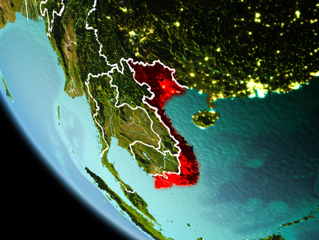 Vietnam from orbit of planet Earth at night with highly detailed surface textures with visible border lines and city lights. 3D illustration.の写真素材