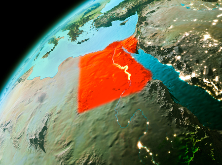 Evening over Egypt as seen from space on planet Earth. 3D illustration.の写真素材