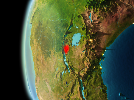 Illustration of Burundi as seen from Earthâs orbit in late evening. 3D illustration.の写真素材