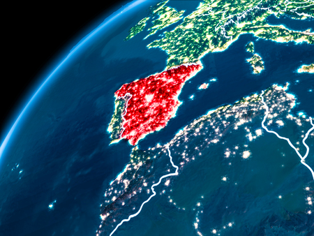 Spain highlighted in red from Earthâs orbit at night with visible country borders. 3D illustration.の写真素材