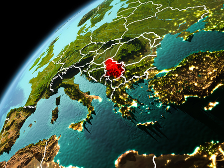 Illustration of Serbia as seen from Earthâs orbit in late evening with visible border lines and city lights. 3D illustration.の写真素材