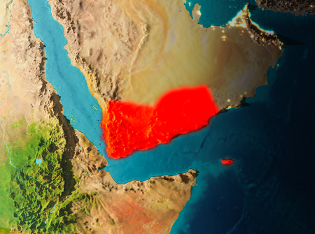 Yemen in early morning light highlighted in red on planet Earth. 3D illustration.の写真素材