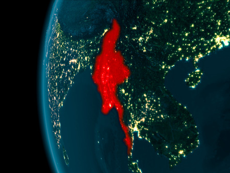 Myanmar from orbit of planet Earth at night with highly detailed surface textures. 3D illustration.の写真素材