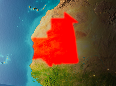 Mauritania in early morning light highlighted in red on planet Earth. 3D illustration.の写真素材