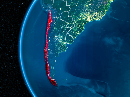 Space orbit view of Chile highlighted in red on planet Earth at night with visible country borders and city lights. 3D illustration.の写真素材