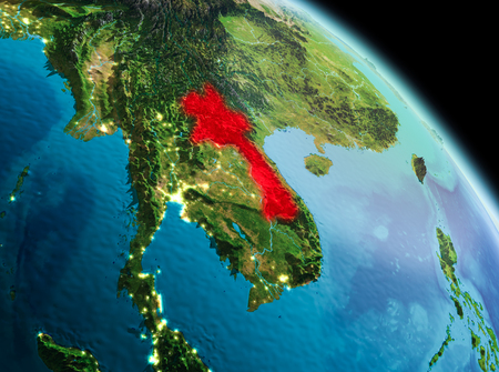 Satellite morning view of Laos highlighted in red on planet Earth. 3D illustration.の写真素材