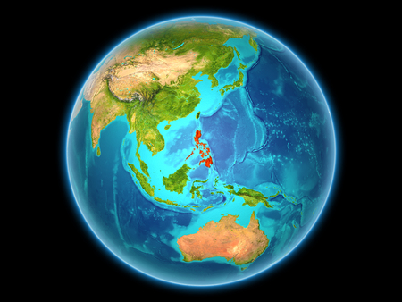 Philippines in red on planet Earth as seen from space on full sphere. 3D illustration.の写真素材