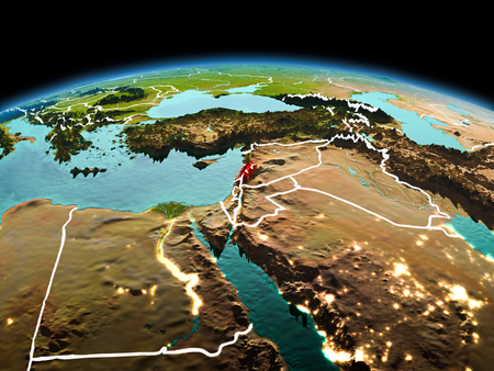 Morning above Lebanon highlighted in red on model of planet Earth in space with visible border lines and city lights. 3D illustration.の写真素材