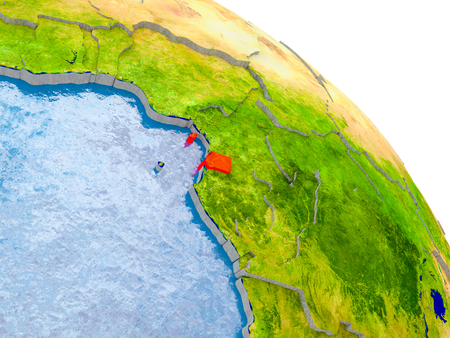Illustration of Equatorial Guinea highlighted in red on glob with realistic surface with visible country borders, and water in the oceans. 3D illustration.の写真素材