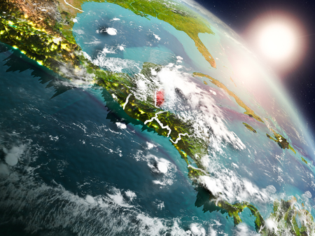 Sunset above Belize from space on planet Earth with visible country borders. 3D illustration.の写真素材
