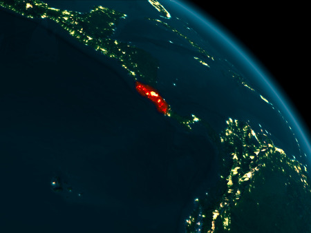 Orbit view of Costa Rica at night highlighted in red on planet Earth with highly detailed surface textures. 3D illustration.の写真素材