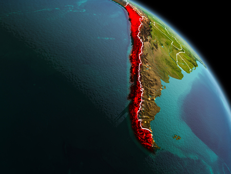 Early morning view of Chile highlighted in red on planet Earth with visible border lines and city lights. 3D illustration.の写真素材