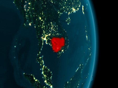 Illustration of Cambodia as seen from Earthâs orbit at night. 3D illustration.の写真素材
