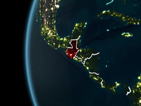 Orbit view of Guatemala highlighted in red with visible borderlines and city lights on planet Earth at night. 3D illustration.の写真素材