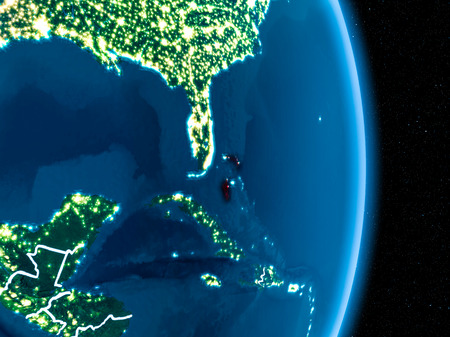 Bahamas from orbit of planet Earth at night with visible borderlines and city lights. 3D illustration.の写真素材