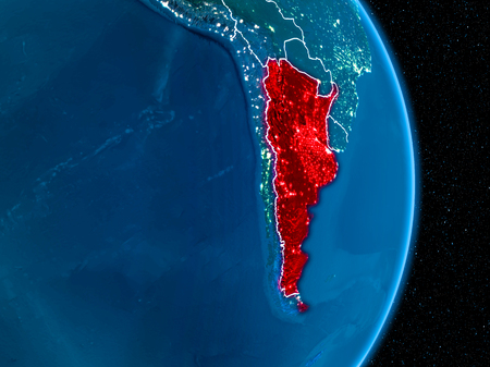 Argentina from orbit of planet Earth at night with visible borderlines and city lights. 3D illustration.の写真素材