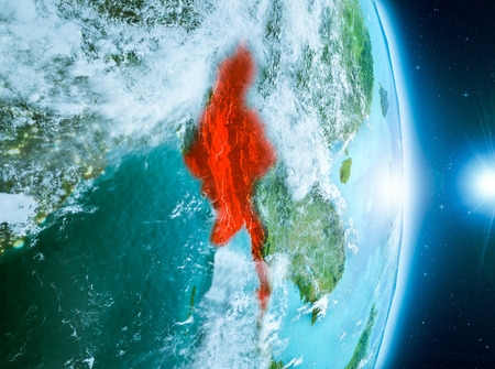 Myanmar from orbit of planet Earth with clouds during sunrise with highly detailed surface textures. 3D illustration.の写真素材