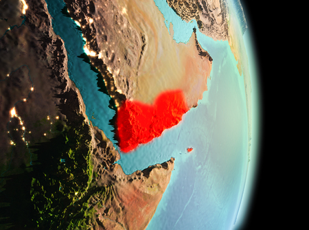 Early morning view of Yemen highlighted in red on planet Earth. 3D illustration.の写真素材