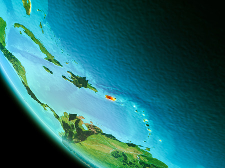 Country of Puerto Rico in red on planet Earth in the evening. 3D illustration.の写真素材