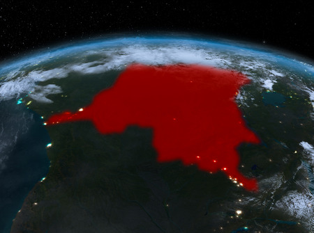 Satellite night view of Democratic Republic of Congo highlighted in red on planet Earth with clouds. 3D illustration.の写真素材