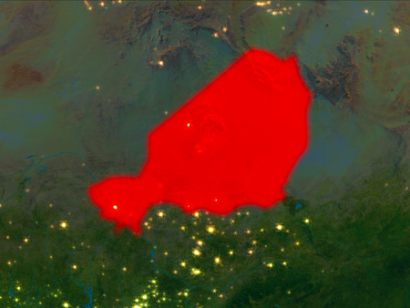 Satellite night view of Niger highlighted in red on planet Earth. 3D illustration.の写真素材