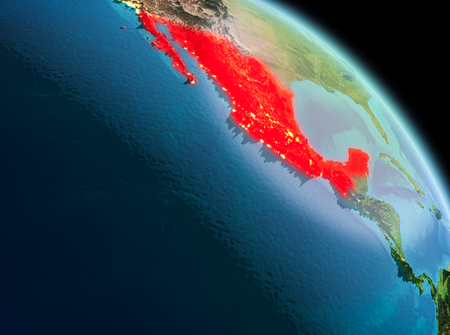 Satellite morning view of Mexico highlighted in red on planet Earth. 3D illustration.の写真素材