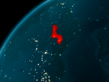 Night map of Malawi as seen from space on planet Earth. 3D illustration.の写真素材