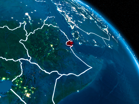 Satellite view of Djibouti highlighted in red on planet Earth at night with borderlines and city lights. 3D illustration.の写真素材