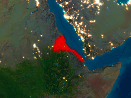 Satellite night view of Eritrea highlighted in red on planet Earth. 3D illustration.の写真素材