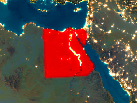 Satellite night view of Egypt highlighted in red on planet Earth. 3D illustration.の写真素材