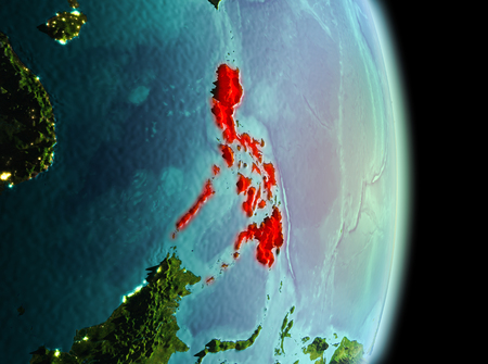 Early morning view of Philippines highlighted in red on planet Earth. 3D illustration.の写真素材