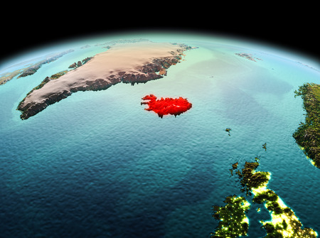 Morning above Iceland highlighted in red on model of planet Earth in space. 3D illustration.の写真素材